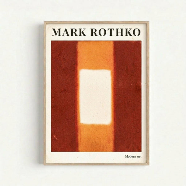 A framed art print featuring an abstract composition with deep red-orange rectangular sections surrounding a central vertical column of bright orange and white. The color field painting shows soft, blurred edges between the warm-toned geometric forms against a cream background. The print is displayed in a simple light wood frame hung on a white wall.