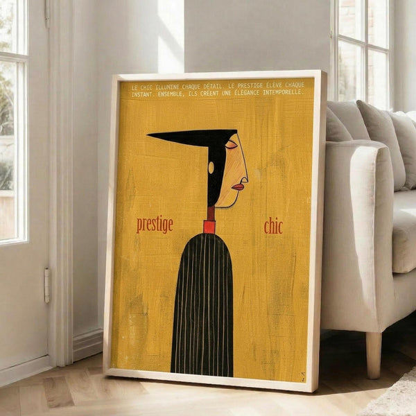May include: Framed vintage-style poster with mustard yellow background featuring stylized woman's profile in black hair and green striped dress, with French text and red "prestige" and "chic" lettering. White frame leaning against beige couch in bright living room with large windows and natural light streaming across hardwood floors.