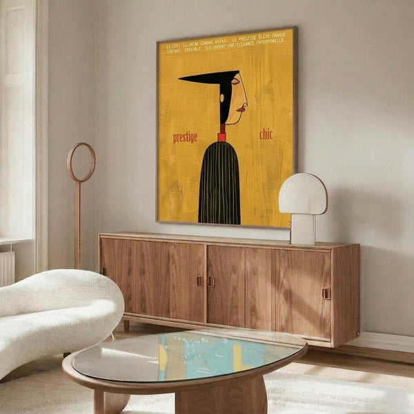 May include: Mid-century modern living room with vintage French advertising poster on wall featuring stylized woman in black beret and striped top on golden yellow background with "prestige" and "chic" text. Walnut credenza below, white sculptural chair, glass coffee table, and contemporary lighting fixtures complete the scene.