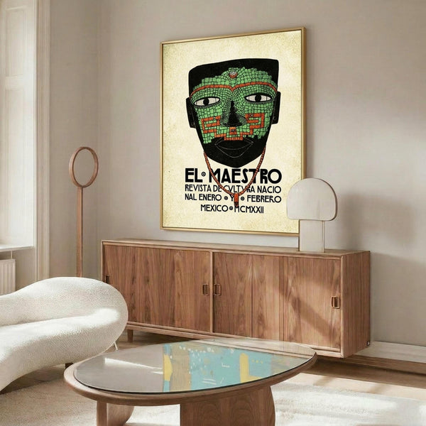 May include: Framed vintage-style poster featuring green mosaic mask with geometric patterns and red accents on cream background with Spanish text, displayed above walnut credenza in modern living room with white curved chair and oval glass coffee table