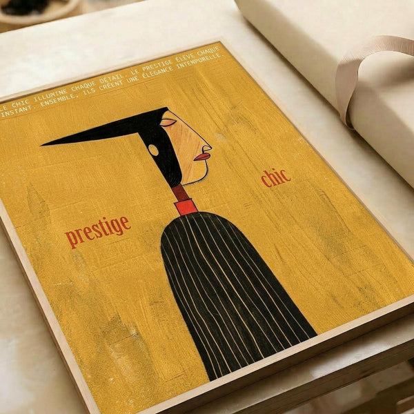 A vintage-style French illustration poster on golden yellow textured background featuring a stylized Art Deco woman in profile with black hair and red lips. The figure wears a black pinstriped dress with red collar detail. Red text reads "prestige" and "chic" in elegant typography. The poster sits on white paper with cream ribbon visible, showing the artwork's warm mustard tone and minimalist geometric design style.