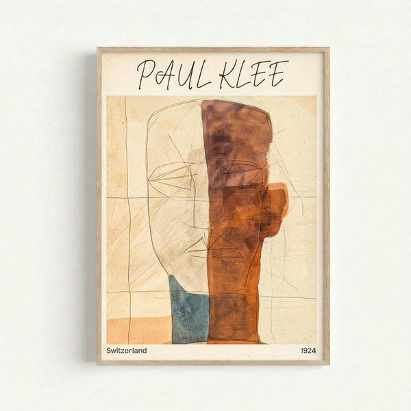 May include: Framed abstract art print displayed on white wall. The artwork features geometric shapes in warm brown, orange, and blue tones with delicate line drawings overlaid on cream background. Text reads "PAUL KLEE" at top, "Switzerland" and "1924" at bottom. Simple light wood frame surrounds the vintage-style modernist composition with angular forms and translucent color blocks.