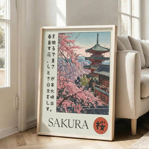May include: Framed poster print leaning against white wall next to beige sofa in bright living room. Artwork shows Japanese pagoda temple with pink cherry blossom trees in vintage illustration style. Features Japanese text on left side, "SAKURA" text at bottom, and red circular symbol. Light wood frame, cream matting, positioned on wooden floor near large windows.