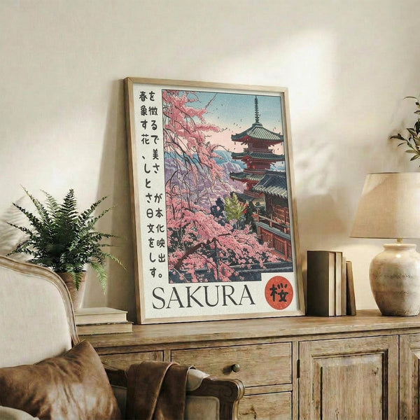 May include: Framed poster featuring pink cherry blossoms and traditional Japanese pagoda with vertical Japanese text and "SAKURA" at bottom, displayed on rustic wooden console table alongside potted fern, ceramic vases, and books in neutral-toned living room with beige chair