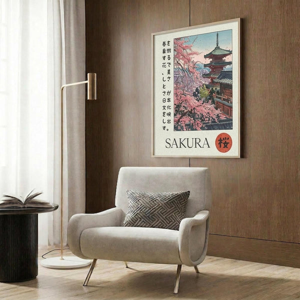 May include: Japanese-style poster print featuring cherry blossoms and traditional pagoda temple in pink, blue and green tones, displayed in light wood frame on dark wood paneled wall above beige upholstered armchair with geometric patterned pillow, brass floor lamp and small round table with open book nearby