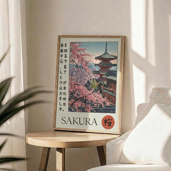 May include: Framed poster displaying Japanese pagoda temple with pink cherry blossoms in vintage travel poster style, featuring Japanese text and "SAKURA" with red circular logo. Print sits on light wood round side table next to beige upholstered chair with white pillow. Soft natural lighting creates shadows on cream wall, with green plant leaves visible in corner.
