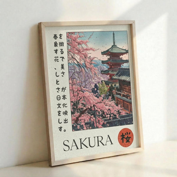 A framed poster print featuring Japanese cherry blossoms and a traditional pagoda temple in pink, blue and green tones. The artwork includes vertical Japanese text on the left side and "SAKURA" in English at the bottom, with a red circular stamp. The print is displayed in a light wood frame against a white wall, showing the vintage-style illustration with delicate sakura branches cascading over the multi-tiered temple structure.