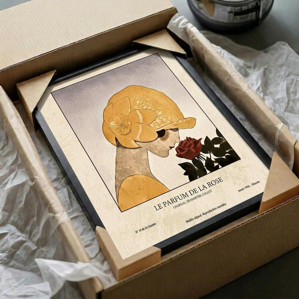 May include: Framed vintage-style art print featuring a woman with golden yellow hair in a bun smelling a deep red rose, rendered in muted earth tones with French text "Le Parfum de la Rose" below. Print sits in black frame within cardboard shipping box with protective tissue paper, alongside wrapped cylindrical items on white surface.