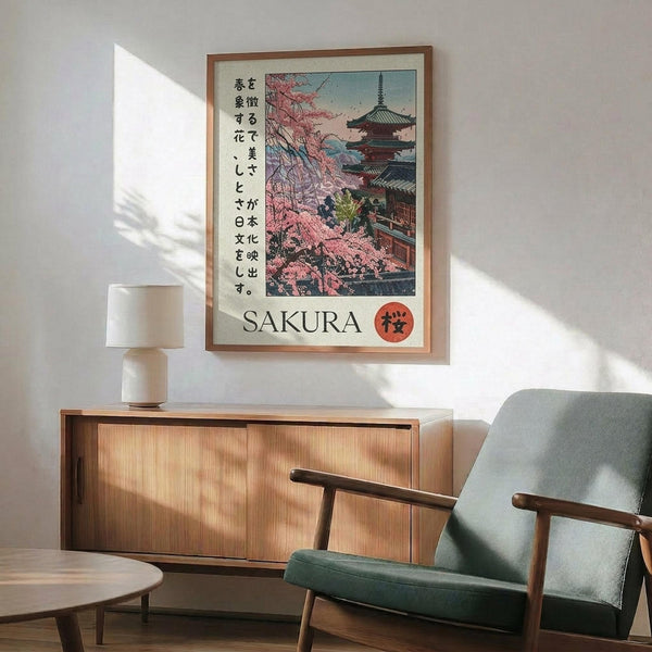 May include: Framed poster showing Japanese pagoda temple with pink cherry blossoms, Japanese text, and "SAKURA" title with red circular stamp. Displayed above mid-century modern wood credenza with white ceramic lamp. Sage green upholstered armchair with wooden arms positioned nearby. Natural sunlight creates diagonal shadows on white wall. Vintage travel poster aesthetic with muted pink, blue, and brown color palette.