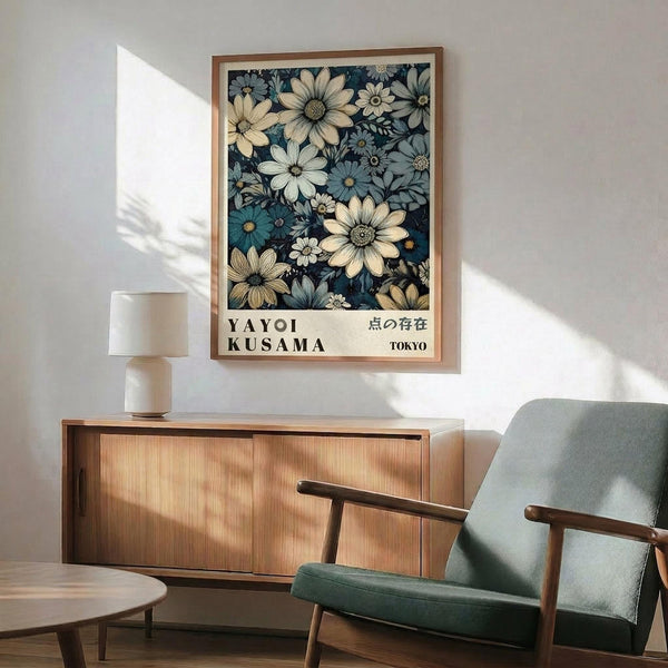 May include: Framed floral art print hanging above mid-century modern wooden credenza and sage green upholstered chair. Print features cream and blue flowers on dark background with "YAYOI KUSAMA" and Japanese text at bottom. Warm sunlight creates geometric shadows on white wall. Small white ceramic lamp sits on credenza next to round wooden side table.