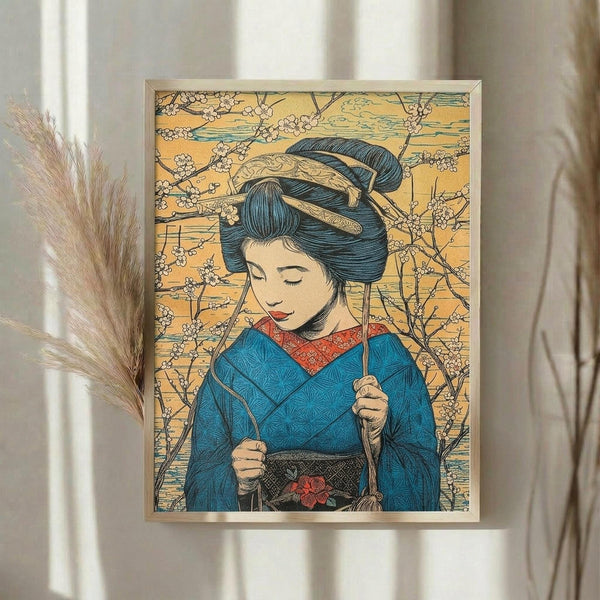 May include: Framed Japanese-style artwork showing a geisha in blue kimono with red collar and floral obi, traditional dark hair with ornamental pins, holding thin sticks, surrounded by cherry blossom branches on golden background. Displayed on white wall next to dried pampas grass stems and cream curtains in soft natural lighting.