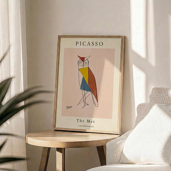 May include: Framed art print featuring a geometric owl illustration in cubist style with colorful triangular shapes in red, yellow, blue, and orange against pink background. Wood frame sits on round wooden side table next to beige upholstered chair with white pillow. Plant leaves visible in corner with natural sunlight streaming across neutral wall.
