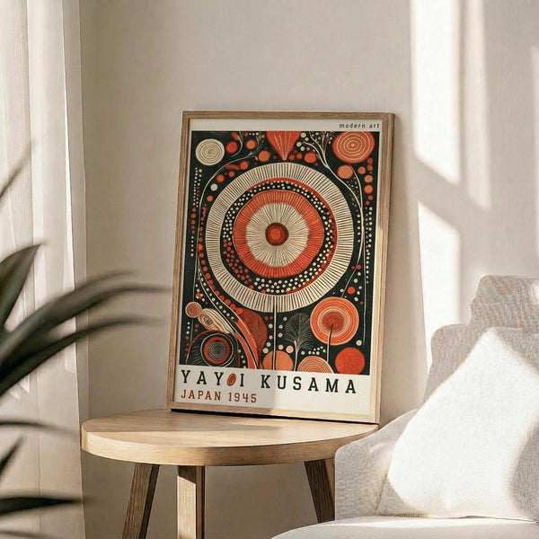 May include: Abstract art print featuring large concentric circles in red, orange, black and cream with radiating dots and organic patterns throughout. Poster displays "YAYOI KUSAMA JAPAN 1945" text at bottom. Framed in natural wood, leaning against white wall on round wooden stool beside beige upholstered chair. Soft natural lighting creates gentle shadows across neutral room setting with plant leaves visible at edge.