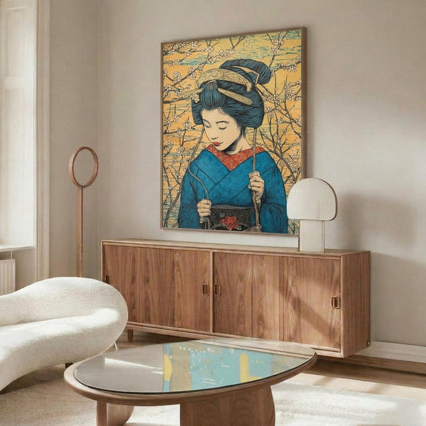 May include: Japanese woodblock print-style artwork showing a geisha in blue kimono with red collar against golden cherry blossom background, displayed above a mid-century walnut credenza with brass handles. Modern living room setting features white curved chair, oval glass coffee table, brass floor lamp with circular mirror detail, and neutral walls with natural lighting.