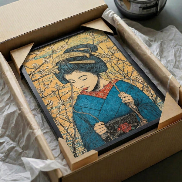 May include: Framed Japanese-style artwork showing a geisha in blue kimono with red collar holding an umbrella, surrounded by cherry blossom branches on golden background. Print displayed in dark frame inside cardboard shipping box with protective tissue paper wrapping.
