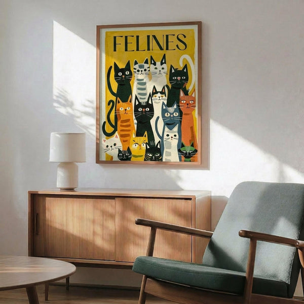 May include: Colorful cat illustration poster with yellow background showing various stylized felines in black, orange, gray, and white. Mid-century modern living room setting with wooden credenza, sage green upholstered chair with wood arms, white ceramic table lamp, and natural sunlight casting geometric shadows on white walls.