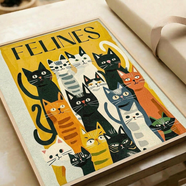 Stylized illustration of multiple cats in various colors and patterns arranged in a group composition. Features black, white, orange, and striped cats with simplified geometric forms and bold colors on a yellow background. The word "FELINES" appears at the top in black letters. Print is displayed flat on white paper with what appears to be a white tube or roll visible in the corner, suggesting this is the actual poster artwork rather than a room mockup.
