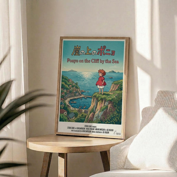 May include: Framed Studio Ghibli Ponyo movie poster displayed on light wood round side table next to beige upholstered chair. Poster shows red-haired child character standing on green cliff overlooking turquoise ocean with small coastal village below. Japanese and English text at top, credits at bottom. Natural lighting creates soft shadows on white wall behind.