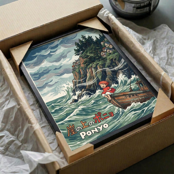 May include: Framed vintage-style poster showing animated red-haired character in wooden boat on stormy ocean waves near rocky cliff with traditional buildings. Art features muted blue-green seascape with dramatic cloudy sky and Japanese text at bottom. Black frame nestled in cardboard shipping box with white tissue paper packaging on neutral surface.