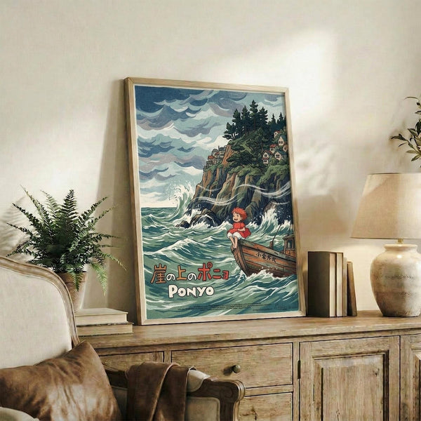 May include: Framed poster featuring a young girl with red hair in a small wooden boat on turbulent ocean waves, with dramatic cloudy sky and clifftop houses with pine trees in the background, displayed on rustic wooden sideboard alongside fern plant, ceramic vases, and books in cozy living room setting with neutral tones and soft lighting.