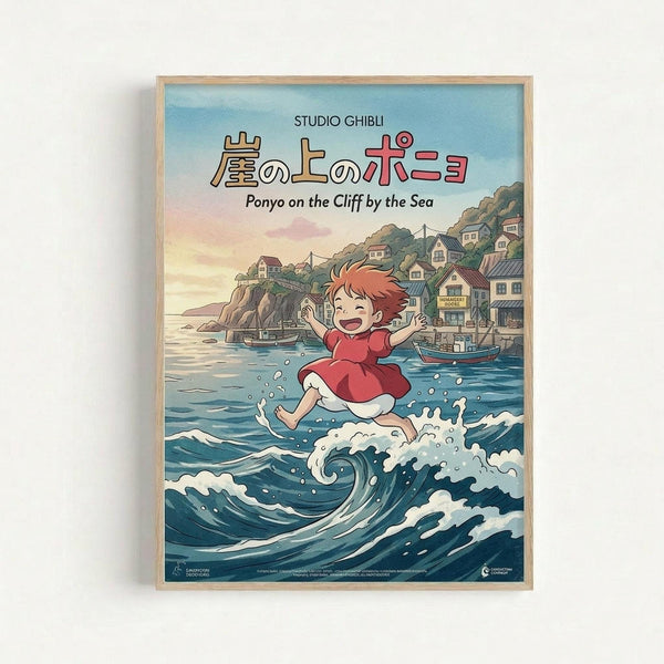 A framed poster showing Ponyo, a cheerful red-haired child in a red dress, running on ocean waves near a coastal village. The artwork features Studio Ghibli's distinctive animation style with Japanese and English text at the top. The scene depicts a clifftop town with traditional buildings, boats in the harbor, and dramatic blue waves with white foam. The poster has a light wooden frame and displays vibrant colors including blues, reds, and warm sunset tones in the sky.