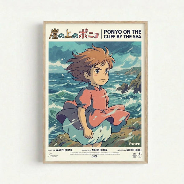 Framed Studio Ghibli movie poster featuring Ponyo, a young character with flowing brown hair wearing a coral and navy dress, sitting by turbulent ocean waves. The anime-style artwork shows dramatic blue-green seas crashing against rocky cliffs under a cloudy sky. Japanese and English text at top reads "Ponyo on the Cliff by the Sea." Light wood frame against white wall background with visible production credits and 2008 date at bottom.