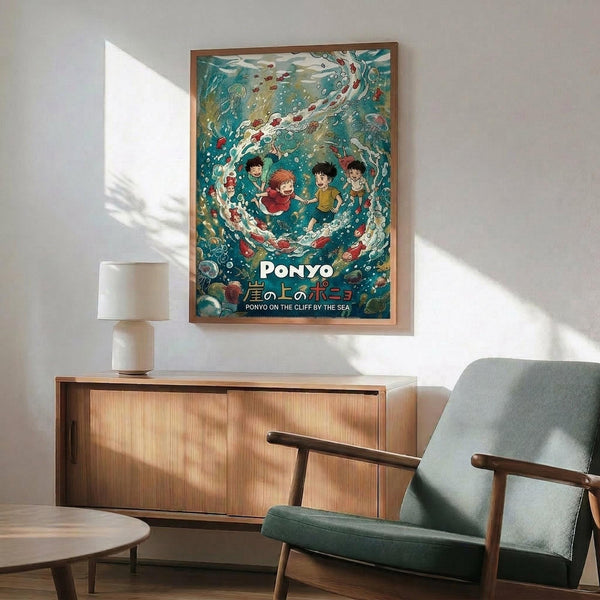 May include: Framed Ponyo movie poster hanging on white wall above wooden sideboard with lamp. Poster shows colorful underwater scene with children swimming in swirling teal water surrounded by sea creatures and bubbles. Modern living room setting with mint green upholstered chair, round wooden coffee table. Natural lighting creates geometric shadows on wall.
