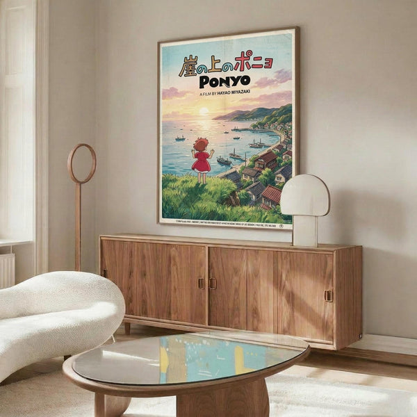 May include: Framed Ponyo movie poster hanging on white wall above wooden sideboard in modern living room. Poster shows young girl in red dress overlooking coastal village with boats in harbor at sunset. Room features cream curved chair, glass-top coffee table, and warm wood furniture with natural lighting.