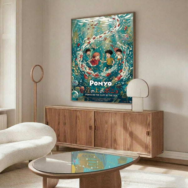 May include: Ponyo movie poster mounted on wall above wooden credenza in modern living room. Poster features animated characters surrounded by swirling turquoise water with white foam and bubbles. White upholstered chair and glass-top coffee table visible in foreground. Clean minimalist decor with neutral walls and natural lighting.