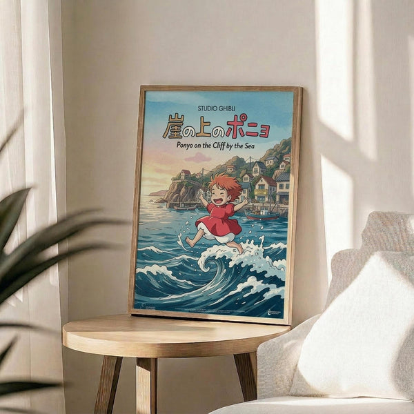 May include: Framed Studio Ghibli Ponyo movie poster featuring red-haired girl character jumping over ocean waves with coastal village in background. Wooden frame sits on round wooden side table next to beige upholstered chair. Soft natural lighting creates shadows on cream wall. Green plant leaves visible in corner. Poster shows blue ocean, sky with clouds, and traditional Japanese buildings on clifftop.