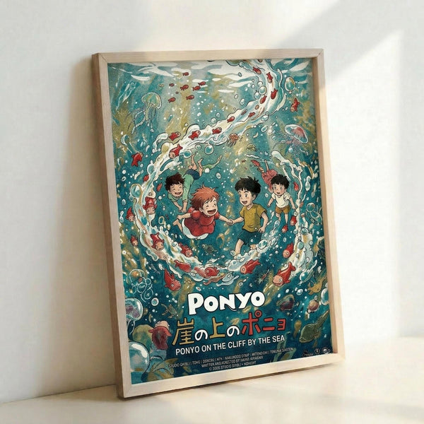 May include: Framed poster featuring Studio Ghibli's Ponyo artwork showing children swimming underwater surrounded by swirling turquoise water, colorful fish, jellyfish and sea creatures. The illustration has vibrant blues and greens with the movie title in white text at bottom. Light wooden frame displayed against white wall corner, casting soft shadows.