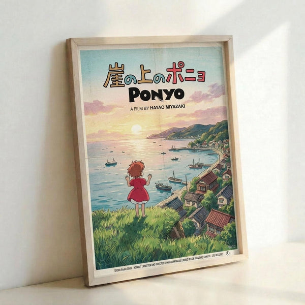 May include: Framed movie poster for Studio Ghibli's Ponyo leaning against a white wall. The poster features a young girl with red hair in a red dress standing on green grass overlooking a coastal village with boats in a harbor. The artwork shows Japanese text at the top, "PONYO" and "A FILM BY HAYAO MIYAZAKI" below, with a sunset sky in soft pastels. The poster is displayed in a light wood frame casting subtle shadows.