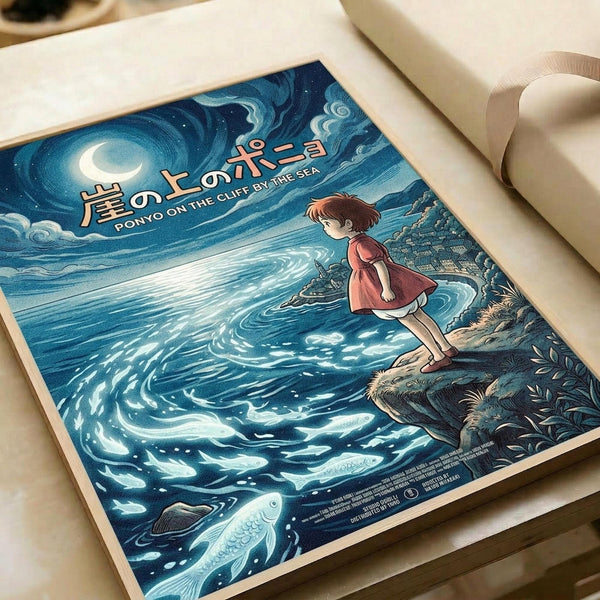 May include: Studio Ghibli-inspired poster print featuring a young girl in red dress standing on rocky cliff overlooking turbulent ocean waves under crescent moon and starry night sky. Japanese text at top reads "Ponyo on the Cliff by the Sea." Artwork shows swirling blue waters with fish below, rendered in anime illustration style. Print appears mounted or framed, photographed on light wooden surface with white fabric nearby.