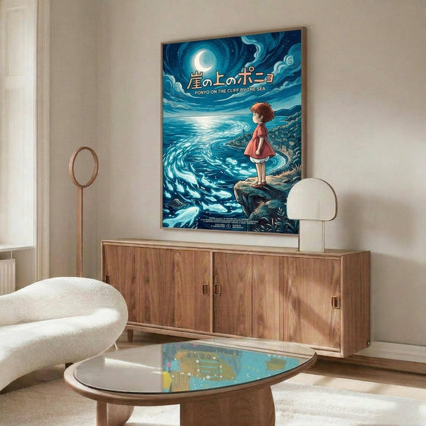 May include: Studio Ghibli-style anime poster showing a young girl in red dress standing on rocky cliff overlooking swirling blue ocean waves under starry night sky with full moon. Poster displays Japanese text and "Ponyo on the Cliff by the Sea" title. Mounted above mid-century modern wooden credenza with brass handles in minimalist living room setting with white upholstered chair, oval glass coffee table, and cream walls.