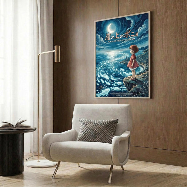 May include: Framed Studio Ghibli-style poster featuring young girl in red dress standing on rocky cliff overlooking swirling ocean waves under moonlit sky with Japanese text, displayed above beige armchair with geometric pillow in modern living room with wood paneling, brass floor lamp, and side table with open book.