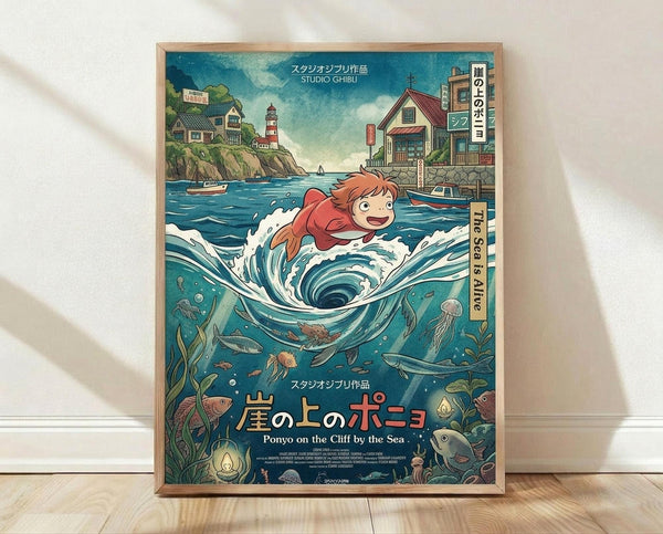 May include: Framed Studio Ghibli poster showing red-haired character Ponyo swimming through swirling ocean waves above an underwater scene with colorful fish, jellyfish and sea plants. Above water shows coastal village with lighthouse, houses and boats. Japanese and English text visible. Wooden frame displayed against white wall on light wood floor with soft shadows.
