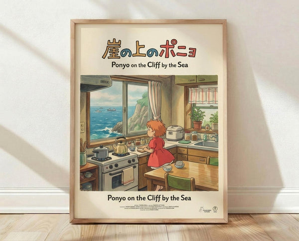 May include: Framed Studio Ghibli poster showing Ponyo character in red dress cooking in cozy kitchen with ocean cliff view through window. Light wood frame against white textured wall on wooden floor with natural lighting and shadows. Vintage anime art style with warm colors and detailed interior scene.