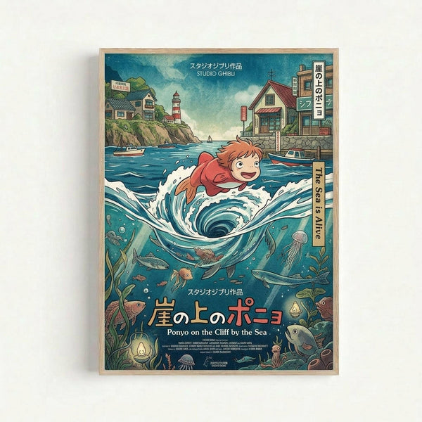 A framed poster showing anime-style artwork of a red-haired girl swimming through swirling ocean waves. The scene depicts a coastal village with lighthouse and buildings on cliffs above, while underwater shows various sea creatures including fish, jellyfish and sea plants. The artwork features vibrant blues and teals for the water, with Japanese text at the top and English text at the bottom. The poster has a light wooden frame against a white background.