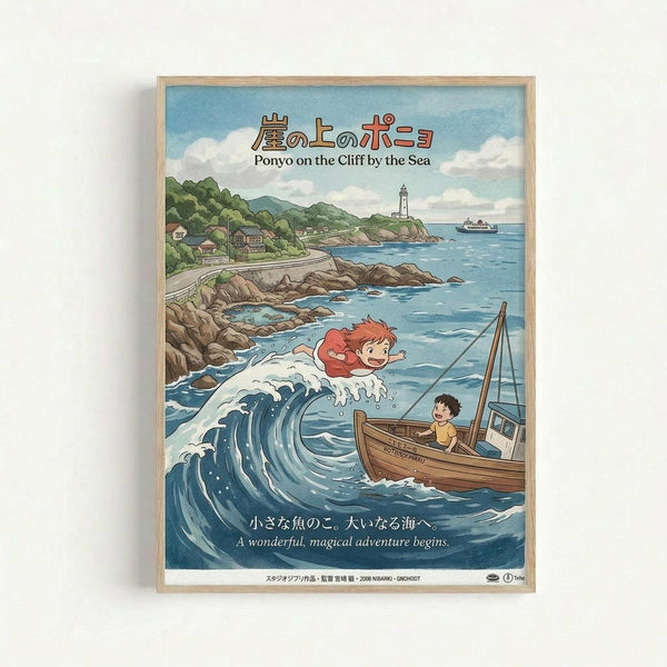 Framed poster featuring Studio Ghibli's Ponyo with Japanese and English text. Shows red-haired Ponyo emerging from a large ocean wave while a boy sits in a wooden fishing boat. Background depicts a scenic coastal town with green hills, lighthouse, rocky cliffs, and blue waters. Art style is colorful anime illustration with natural wood frame against white wall.