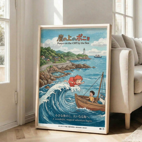 May include: Framed poster in light wood frame leaning against white wall next to beige sofa in bright room with windows. Artwork shows anime-style scene with red-haired girl emerging from ocean wave next to small wooden boat with boy inside, coastal landscape with lighthouse and houses in background, blue sky with white clouds. Japanese and English text at top and bottom of colorful illustration.