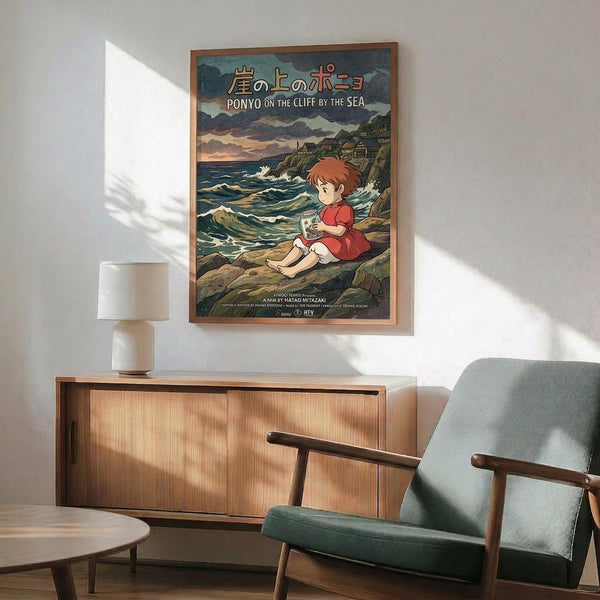 May include: Framed Studio Ghibli Ponyo movie poster mounted on white wall above wooden sideboard with white table lamp. Poster shows red-haired child character sitting on rocky coastline with ocean waves and cliffside village in background. Mid-century modern living room setting with sage green upholstered armchair, round coffee table, and natural sunlight creating geometric shadows on wall.