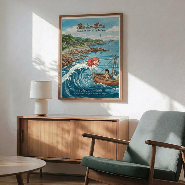 May include: Framed Studio Ghibli Ponyo movie poster displayed above a mid-century modern wooden sideboard in a minimalist living room. The colorful artwork shows red-haired Ponyo emerging from ocean waves near a small fishing boat, with coastal cliffs and lighthouse in background. Natural sunlight streams across white walls. Teal upholstered chair with wooden arms and small white table lamp visible in corner.