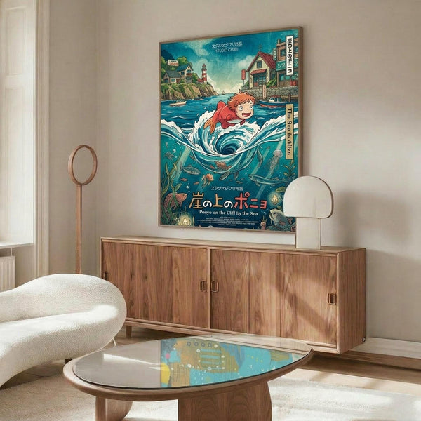 May include: Anime movie poster mounted on wall above wooden credenza in modern living room. Features red-haired character swimming in swirling blue ocean water with coastal village background. Japanese text at bottom. Room has white curved chair, oval glass coffee table, and cream walls with natural lighting.
