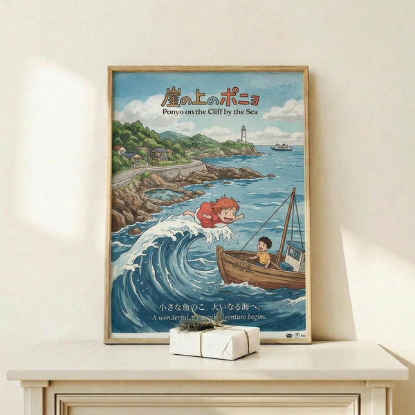 May include: Framed Studio Ghibli-style anime poster showing red-haired Ponyo emerging from ocean wave next to boy in wooden boat, with coastal village, lighthouse, and mountains in background. Japanese and English text at top and bottom. Displayed on light wood shelf with small white gift box, against cream wall.
