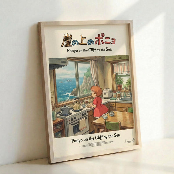 May include: Framed Studio Ghibli poster print featuring Ponyo character in red dress standing in cozy kitchen with ocean cliff view through window. Artwork shows detailed anime-style illustration with warm colors, wooden kitchen elements, and Japanese text above English title. Light wooden frame leans against white wall with soft natural lighting.
