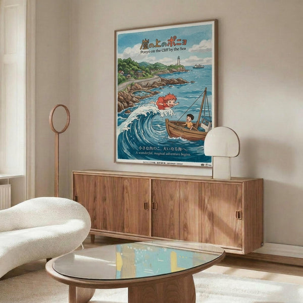May include: Framed Studio Ghibli Ponyo movie poster displayed above wooden sideboard in modern living room. Poster shows red-haired character emerging from ocean wave near coastal scene with lighthouse and fishing boat. Room features cream walls, white sculptural chair, brass floor lamp, white table lamp, and oval glass coffee table reflecting natural light.