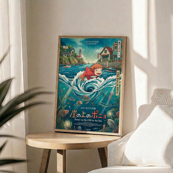 May include: Framed Ponyo movie poster displayed on round wooden side table next to beige upholstered chair. Poster features red-haired character emerging from swirling ocean water with coastal buildings and lighthouse in background. Underwater scene shows colorful sea life including fish and jellyfish. Japanese text at top, English title at bottom. Natural lighting creates soft shadows on white wall behind.
