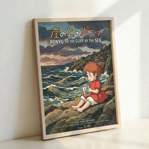 May include: Framed poster print leaning against white wall showing anime-style artwork of red-haired child in red dress sitting on rocky cliff by ocean waves, holding jar, with village on hillside in background under stormy sky. Japanese and English text at top reads "Ponyo on the Cliff by the Sea." Light wood frame, vintage-inspired illustration style with muted blues, greens, and coral tones.