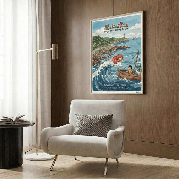 May include: Framed Studio Ghibli Ponyo movie poster mounted on wood-paneled wall above beige upholstered armchair with geometric pillow. Poster shows red-haired fish girl emerging from ocean wave near boy in wooden boat, with lighthouse on rocky coastline. Japanese and English text visible. Gold floor lamp and dark side table with open book complete the modern living room scene.