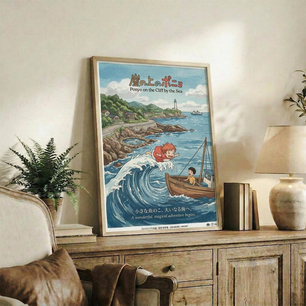May include: Framed anime-style poster showing red-haired character surfing on large blue wave near coastal village with lighthouse, small boat in foreground, displayed on rustic wooden sideboard next to fern plant, ceramic vase, books, and beige lamp in cozy living room setting with neutral walls and brown leather furniture